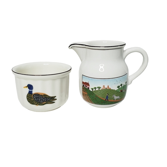 Villeroy & Boch Cream and Sugar Rooster Duck Flower Basket Farm - Picture 1 of 4
